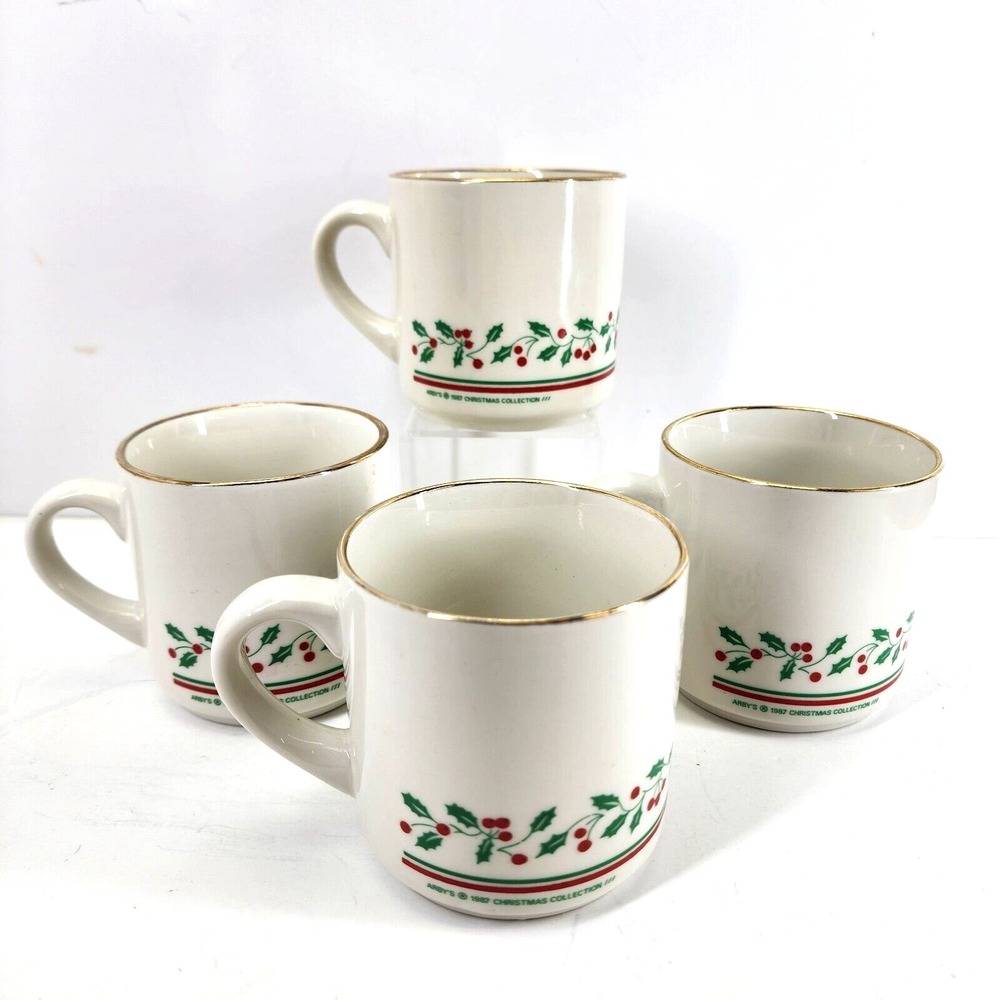 1987 Arby's Christmas Holiday Collection Holly 10 oz Coffee Cup Mug Set of 4